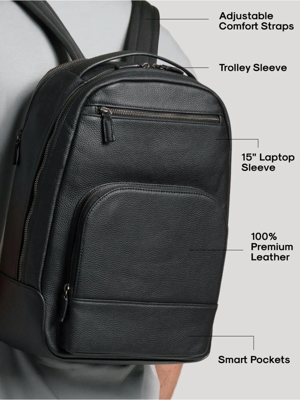 True Classic Premium Black Leather Backpack - Like New - Tumi / Coach Alternate